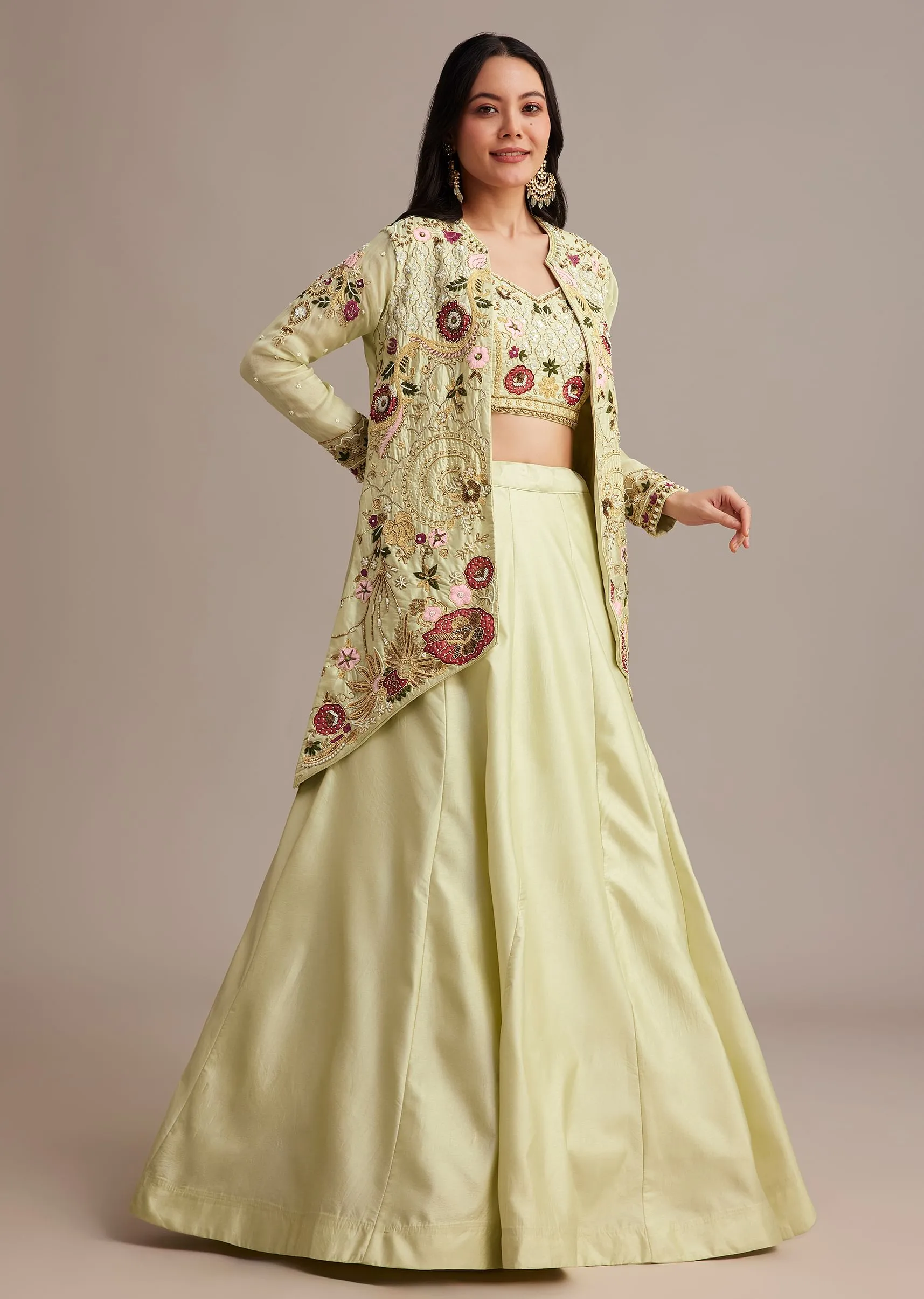 Light Green Silk Jacket Lehenga Set With Thread And Moti Work