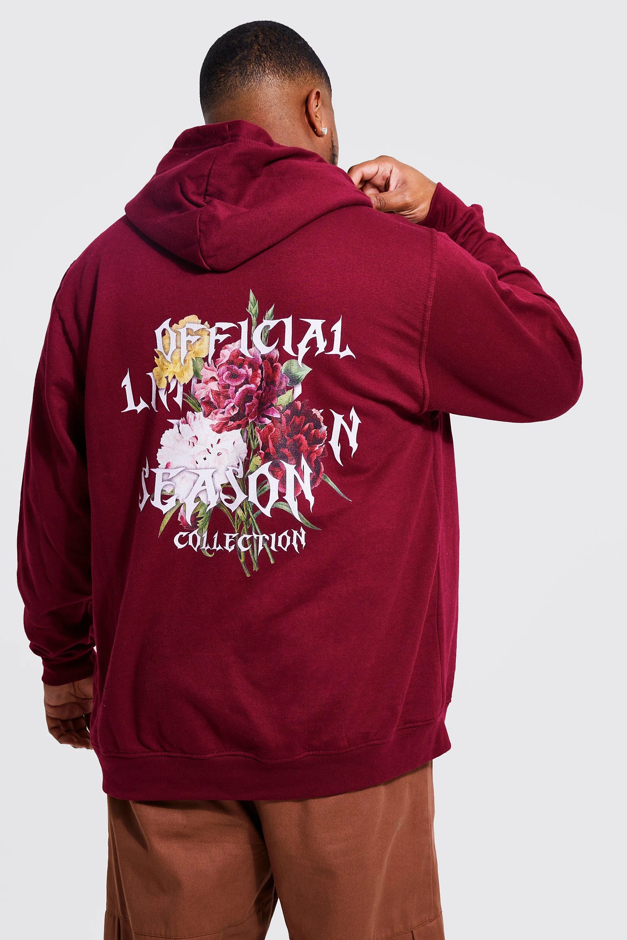Plus Official Season Floral Back Print Hoodie | boohooMAN UK